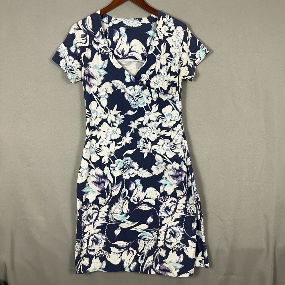 Soft Surroundings Sheath Dress Women's M Blue White Floral Stretch Surplice Neck